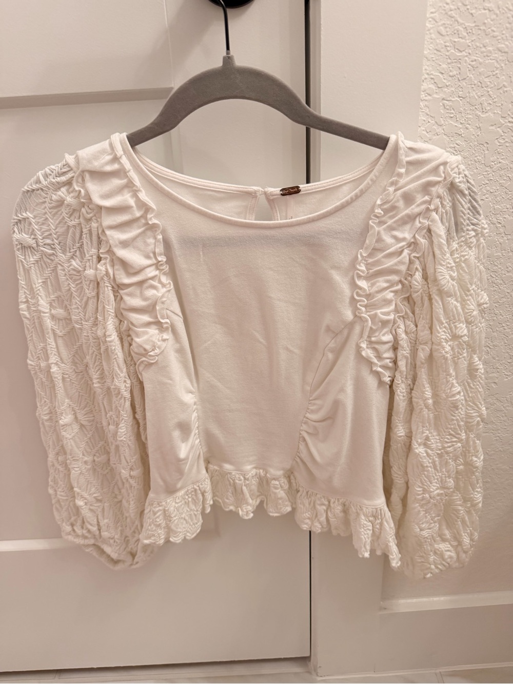 Free People Cream Ruffle Puff Sleeve Cropped Blouse